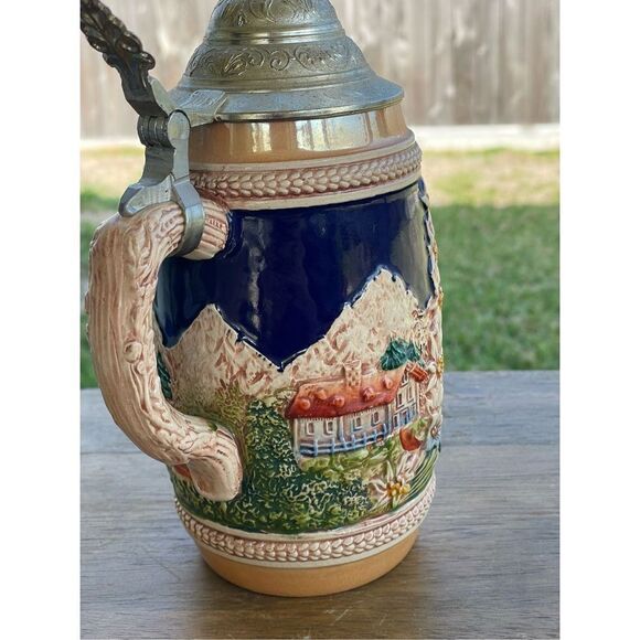 Vintage German Beer Stein Handmade Handpainted Pewter Lid Ramstein Pfalz Town - Picture 10 of 15